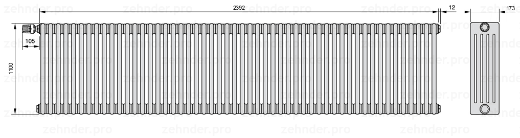 Схема (чертеж) Радиатор Zehnder Charleston 5110/52 №V011 Белый глянцевый RAL 9016